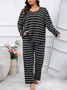 Plus Striped Print PJ Set / Pajama Set Cozy And Elegant Details, Fall Winter Clothes Outfit - Black and White - View 5