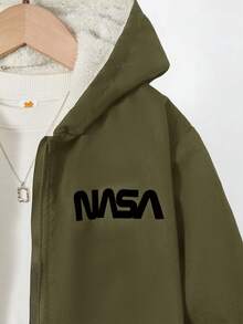 1入組男大童字母圖案拉鏈開襟毛絨內襯連帽夾克 - 軍綠色 - 查看 4