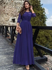 MIUSOL 花卉蕾丝雪纺荷叶边长款连衣裙，优雅女士礼服，正式礼服，适合婚礼宾客、毕业典礼、晚宴及其他场合。 - 紫色 - 查看 4