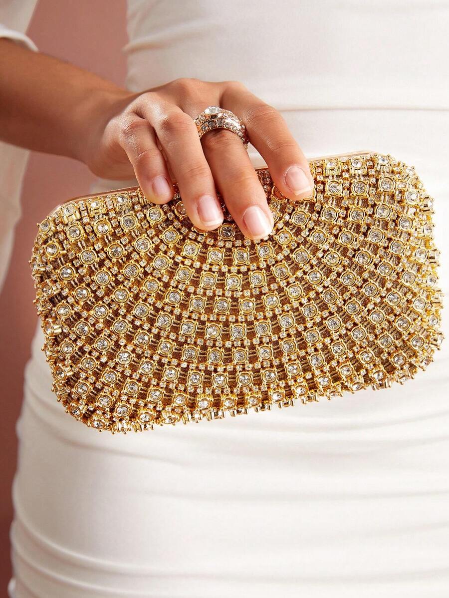 SHEIN Belle Shiny,Glitter Bling Glamorous,Elegant,Exquisite,Quiet Luxury Fashionable Evening Bag With Rhinestone Decoration Dinner Bag,Elegant Rhinestone Rhinestone,Crystal Decor,Faux Pearl For Party Girl,Woman,For Lady,Bride Perfect For Party,Wedding,Prom,Dinner/Banquet Best Gift For Women Valentines - Gold - View 1