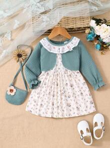 SHEIN 女嬰碎花荷葉邊喇叭袖假兩件洋裝附包 - 彩色 - 查看 1