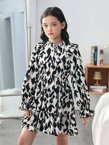 SHEIN Trang phục thường ngày có cổ đứng nhỏ có hoa dệt bằng vải xù của Tween Girl - Đen và trắng - Xem 3