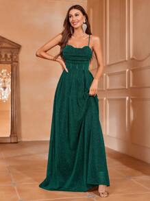 Faeriesty Glitter Lace Up Backless Cami Formal Dress - Dark Green - View 4
