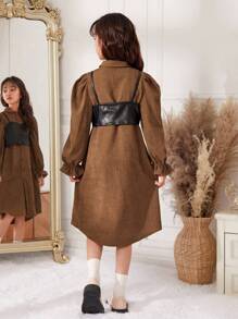 SHEIN Tween女孩鬆身優雅的灰色灰絨布襯衫裙，配彈性人造皮革內搭背心 - 摩卡棕 - 查看 2