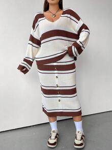 Flirla Plus Striped Pattern Drop Shoulder Sweater & Knit Skirt - Multicolor - View 3