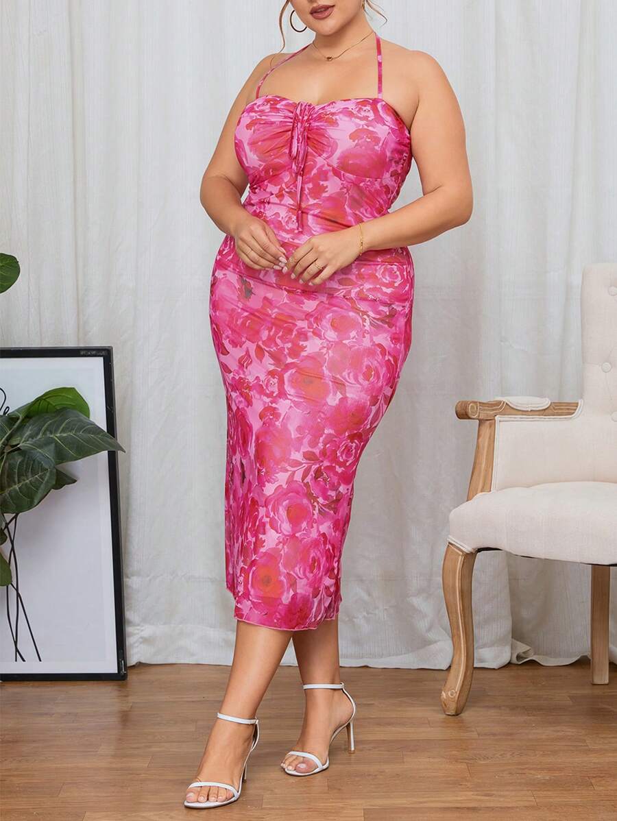 SHEIN Privé Hơn In hoa Mặt trước dây rút Halter Neck Không lưng Đầm - Nhiều màu - Xem 1