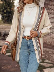 SHEIN LUNE Cárdigan ribete de rayas de hombros caídos - Multicolor - Ver 3