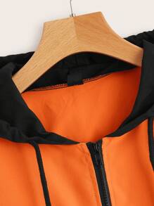 SHEIN Muchic Colorblock Zip Up Drawstring Hooded Windbreaker Jacket - Orange - View 3