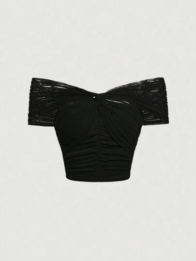 SHEIN MOD 露肩褶飾短款T恤