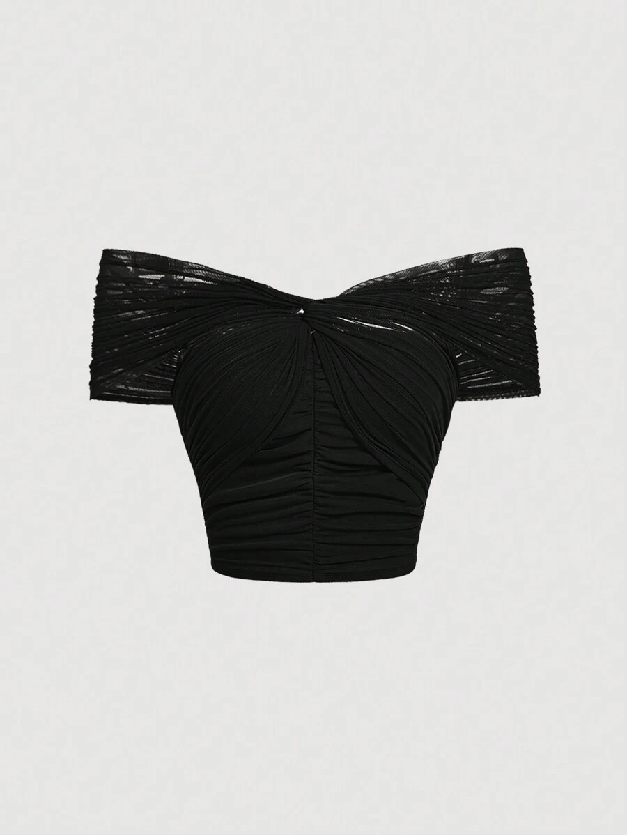 SHEIN MOD Off Shoulder Ruched Crop Tee - Black - View 1