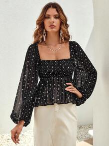 SHEIN VCAY Geo Print Lantern Sleeve Peplum Blouse,Long Sleeve Tops - Black and White - View 4