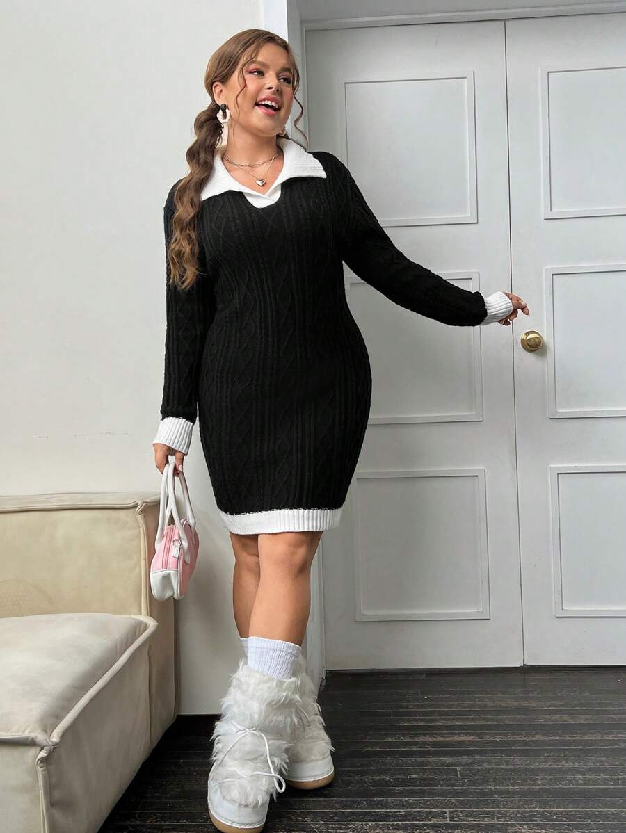 SHEIN EZwear Hơn Viền tương phản Thả vai Đầm Áo len - màu đen - Xem 1