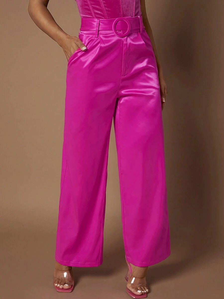 SHEIN SXY 高腰腰帶闊腿褲 - 玫紅色 - 查看 1