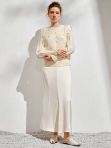 Anewsta Top con mangas con volantes y ribete de volantes con cuentas de perlas