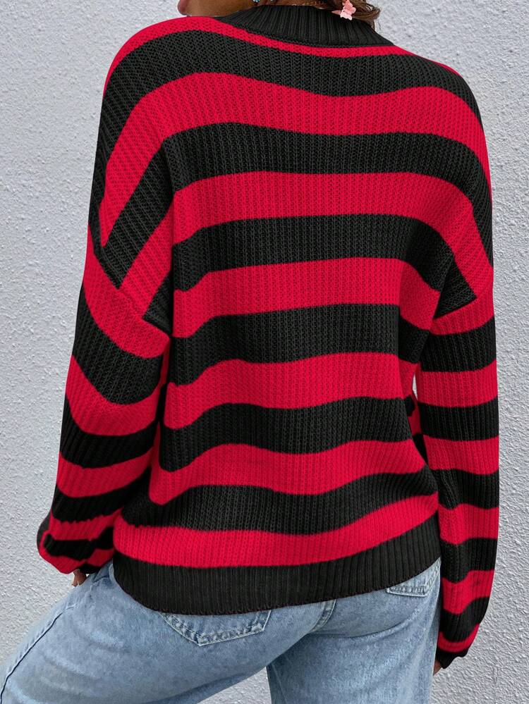 Striped Pattern Drop Shoulder Sweater,Long Sleeve Tops Knit Pullover Fall Winter Sweater