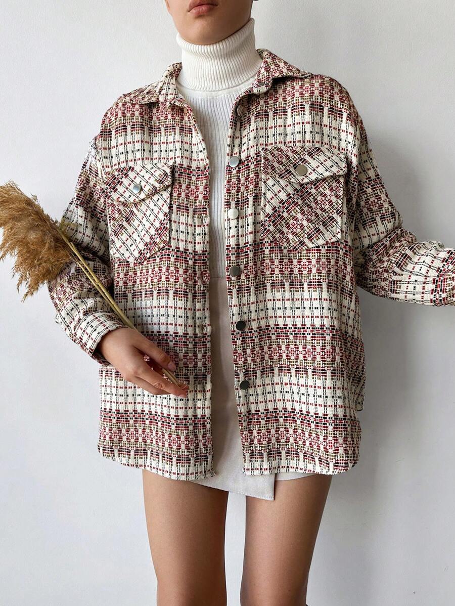 RueChic Áo khoác có túi trễ vai in họa tiết kẻ sọc - Nhiều màu - Xem 1