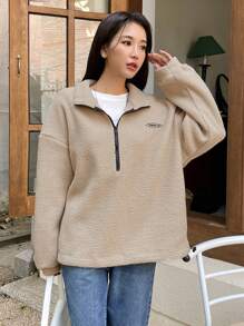 DAZY Letter Embroidery Half Zip Drop Shoulder Teddy Sweatshirt,Fall Women Clothes - Camel - View 4