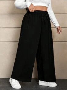 SHEIN EZwear Plus Drawstring Waist Wide Leg Pants - Black - View 5