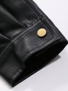 DAZY Flap Pocket Drop Shoulder PU Leather Jacket Winter - Black - View 3