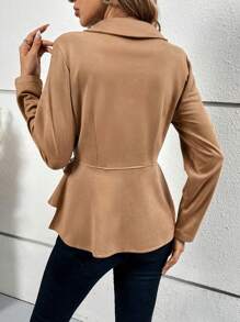 SHEIN LUNE Áo khoác ren tương phản viền bất đối xứng bằng da lộn - Màu Khaki - Xem 2