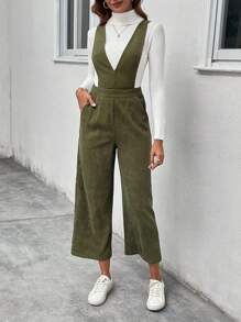 SHEIN LUNE Chất rắn Túi nghiêng Tổng thể Jumpsuit Without Tee - xanh quân đội - Xem 5