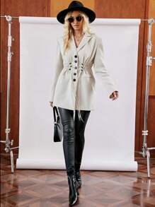 SHEIN LUNE Lapel Collar Drawstring Waist Flap Detail Single Breasted Blazer - Grey - View 1