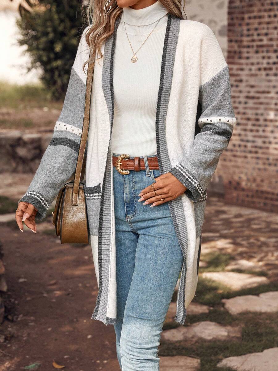 SHEIN LUNE Áo khoác cardigan trễ vai phối màu - Nhiều màu - Xem 1