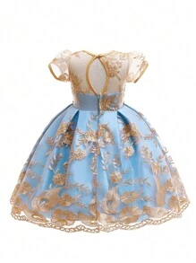 SHEIN Glamorique Kids 少女刺繡網紗罩衫洋裝 - 彩色 - 查看 2