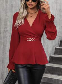 SHEIN Clasi Surplice Neck Flare Sleeve Peplum Blouse - Burgundy - View 1