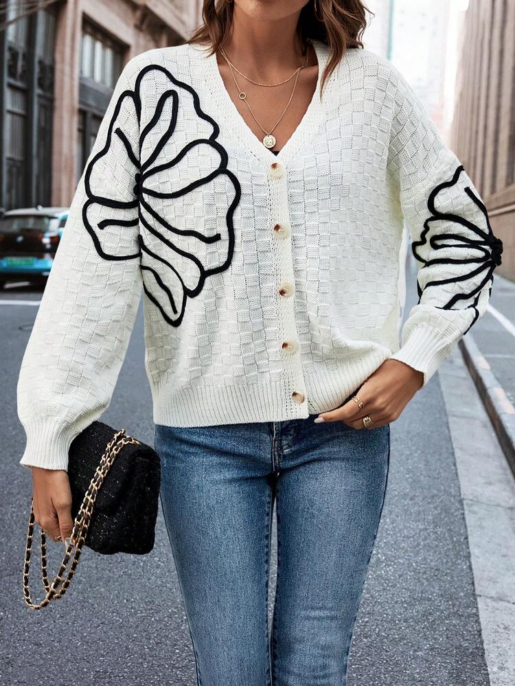 3D Floral Drop Shoulder Button Front Cardigan Fall Cloth For Women
