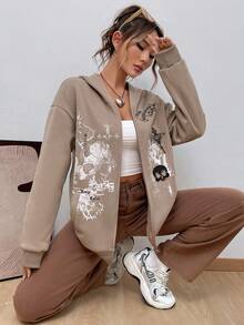 SHEIN EZwear Hình ảnh Skull & chữ cái Thả vai Áo Zip Up Hoodie - Màu Khaki - Xem 6
