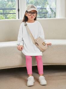 SHEIN 女小童標語和印花落肩袖套頭衫和緊身打底褲