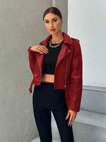 Aveloria Modichic Women's Solid Color PU Leather Zip Front Long Sleeve Casual Motorcycle Jacket - Red - View 5