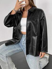 SHEIN EZwear 大碼拉鏈開襟落肩袖PU皮革外套 - 黑色 - 查看 6