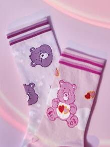 SHEIN X Care Bears 2 Pairs Women Striped & Heart Design Mid Calf Socks, Purple & Pink
