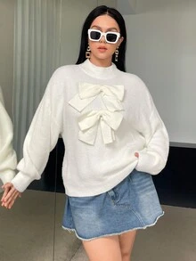 SHEIN Essnce Plus Bow Front Drop Shoulder Sweater - White - View 4