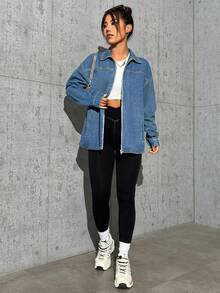 SHEIN EZwear Drop Shoulder Denim Coat - Blue - View 6