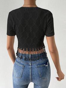 SHEIN Privé Solid Fringe Hem Tee - Black - View 2