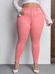 SHEIN LUNE Plus High Waist Skinny Jeans - Baby Pink - View 5
