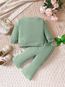 Baby Girl Ruffle Trim Sweatshirt & Flare Leg Pants - Green - View 2