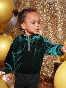 SHEIN 女孩嬰兒半拉鏈落肩袖絲絨運動衫 - 綠色 - 查看 4