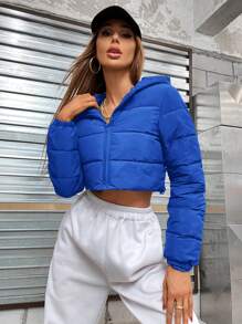 Aveloria Affinna Women's Solid Color Long Sleeve Zipper Front Casual Short Hooded Winter Jacket - Blue - View 3