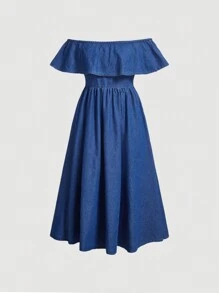 SHEIN MOD Ruffle Off Shoulder Denim Dress - Dark Wash - View 1