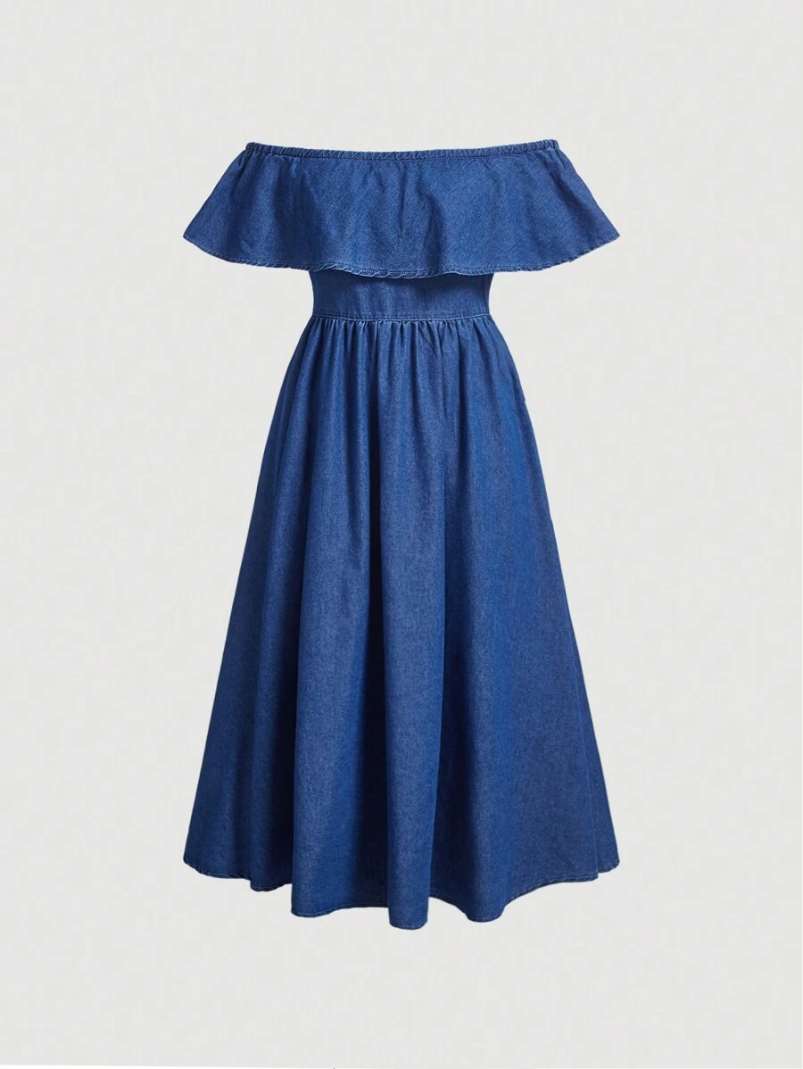 SHEIN MOD Ruffle Off Shoulder Denim Dress - Dark Wash - View 1