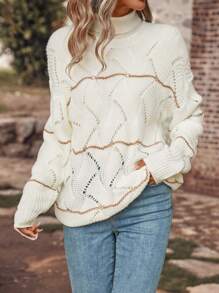 SHEIN LUNE 1pc Pointelle Knit Drop Shoulder Sweater - White - View 6