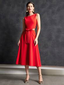 MOTF PREMIUM CUTOUT BOW DETAIL DRESS - Red - View 4