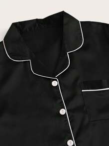 Conjunto de pijama ribete en contraste de satén - Negro - Ver 3