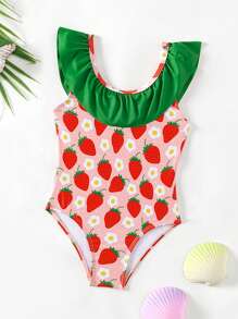 Baby Girl Strawberry Print Ruffle Trim One Piece Swimsuit - Multicolor - View 1