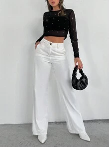 SHEIN PETITE Rhinestone Detail Crop Mesh Top Without Bra - Black - View 5