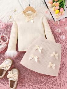 SHEIN Young Girl Fuzzy Cuff Bow Front Tee & Skirt - Apricot - View 6